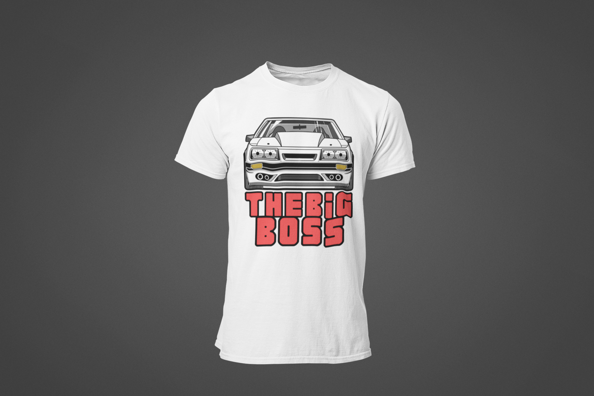 A white tee shirt with an image of a Ford Mustand Foxbody, and text reading "The Big Boss"