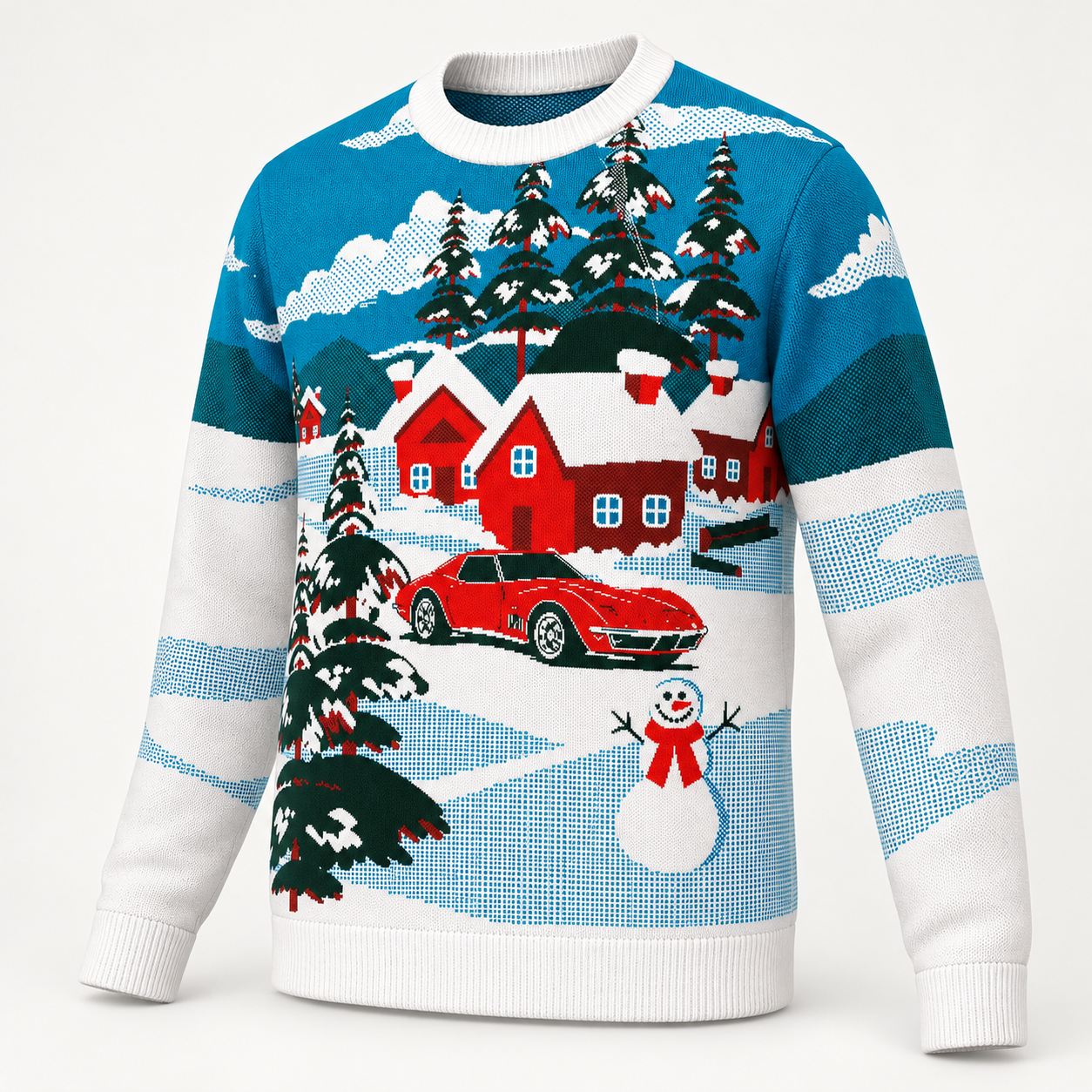 Image of C3 Corvette In Driveway Christmas Sweater | Classic Corvette Holiday Knit Sweater