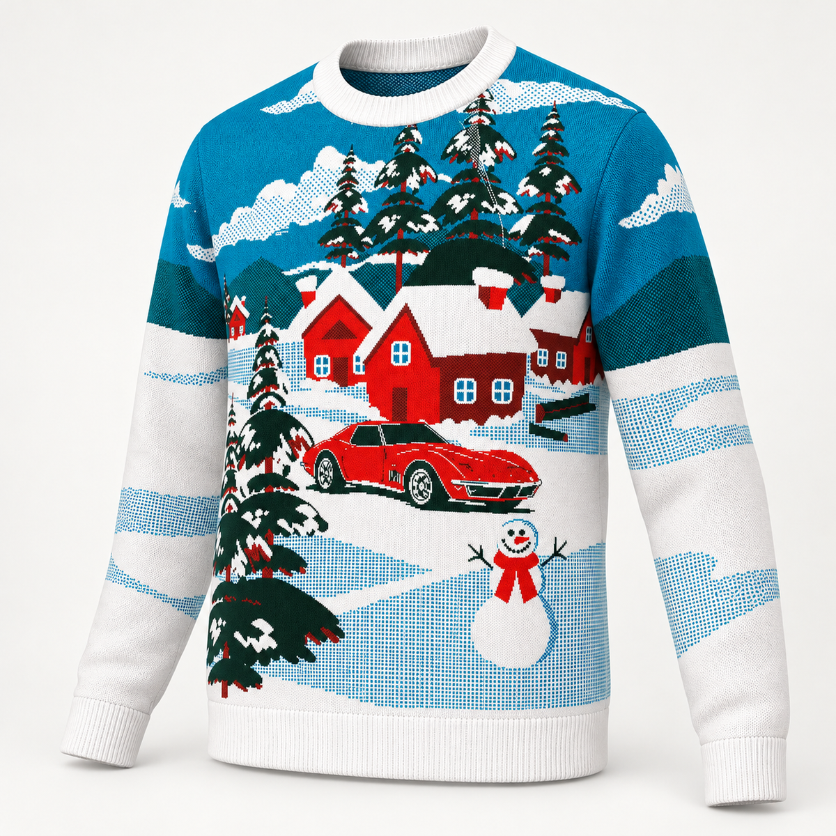 C3 Corvette In Driveway Christmas Sweater | Classic Corvette Holiday Knit Sweater