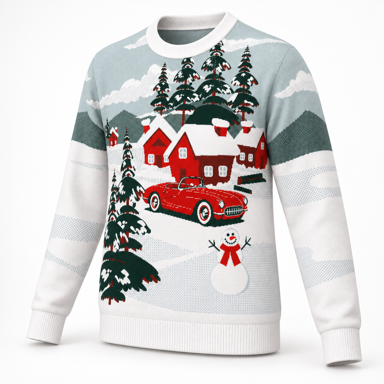 Image of C1 Corvette In Driveway Christmas Sweater | Classic Corvette Holiday Knit Sweater