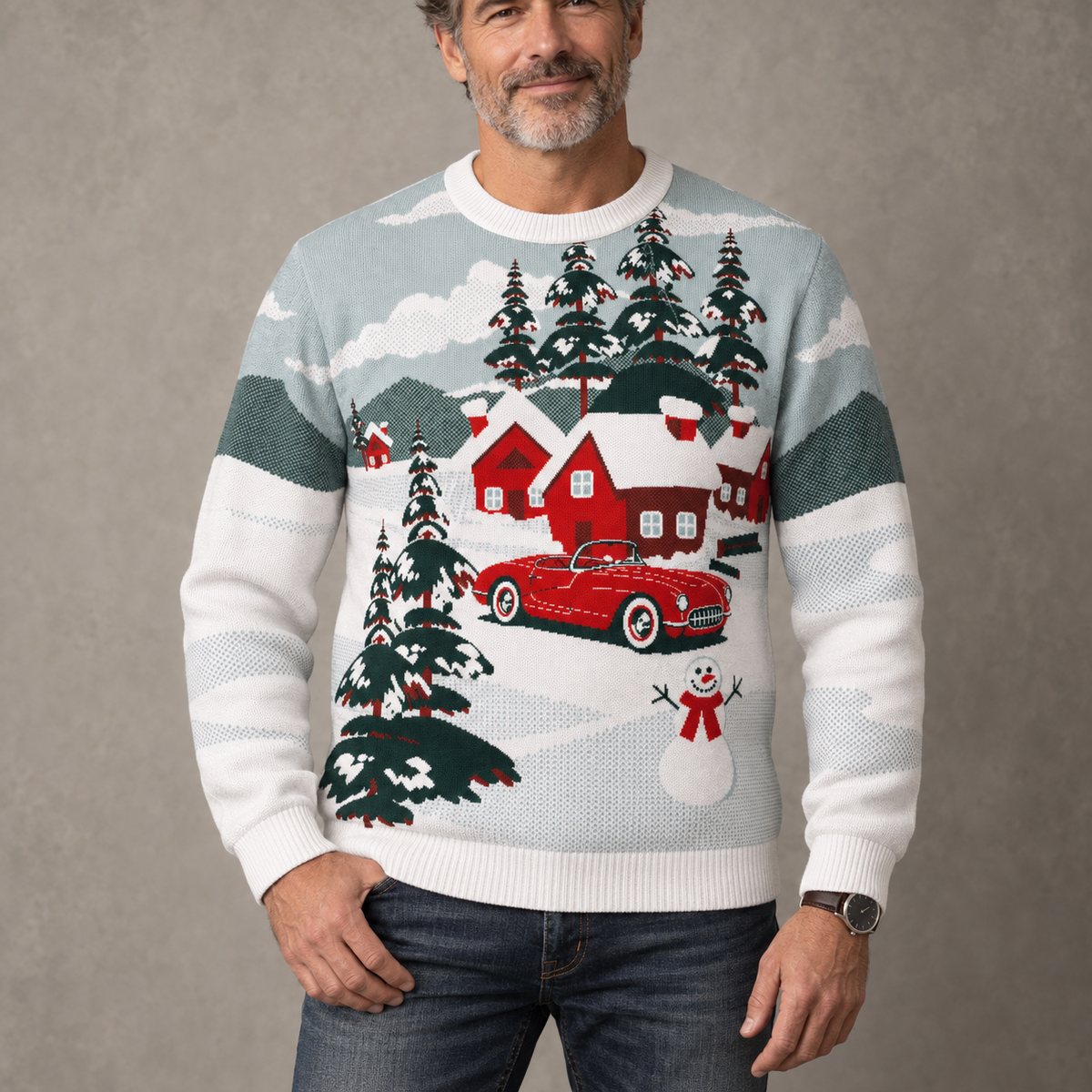 C1 Corvette In Driveway Christmas Sweater | Classic Corvette Holiday Knit Sweater