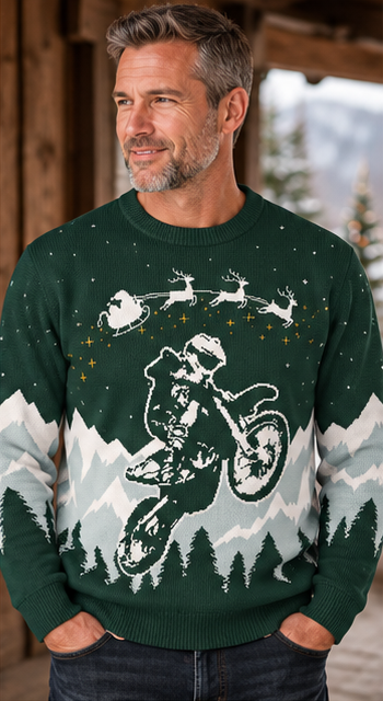 Merry Moto Ugly Christmas Knit Sweatshirt | Green Dirt Bike Holiday Sweater