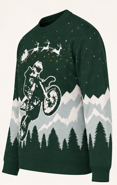 Merry Moto Ugly Christmas Knit Sweatshirt | Green Dirt Bike Holiday Sweater