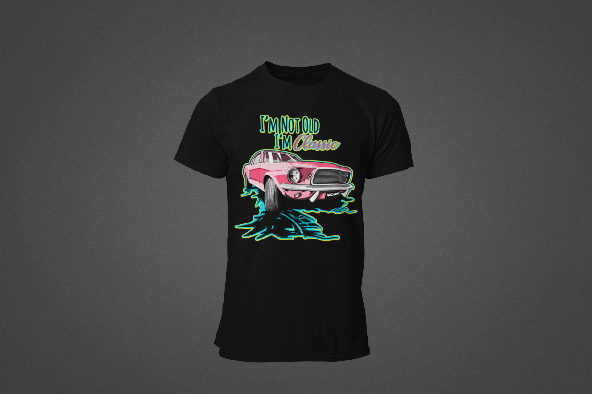 Image of A black tee shirt with an image of a Ford Mustang, and text reading 