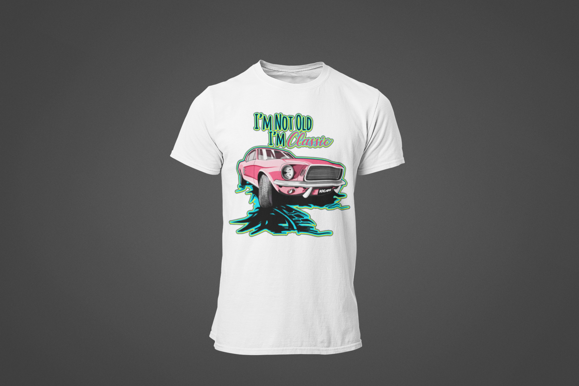 A white tee shirt with an image of a Ford Mustang, and text reading "I'm not old, I'm Classic"