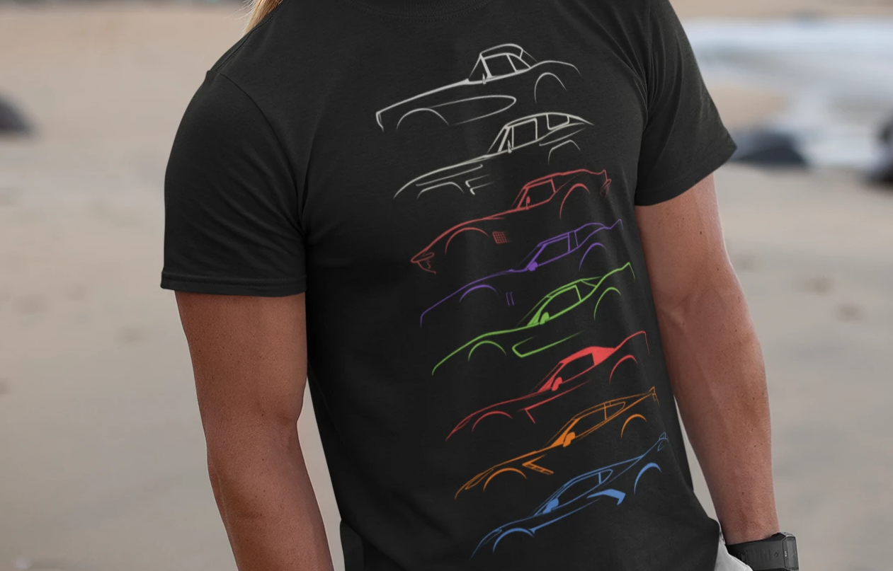 Image of A man standing on a beach, wearing a Corvette tee-shirt, made by 100mph.