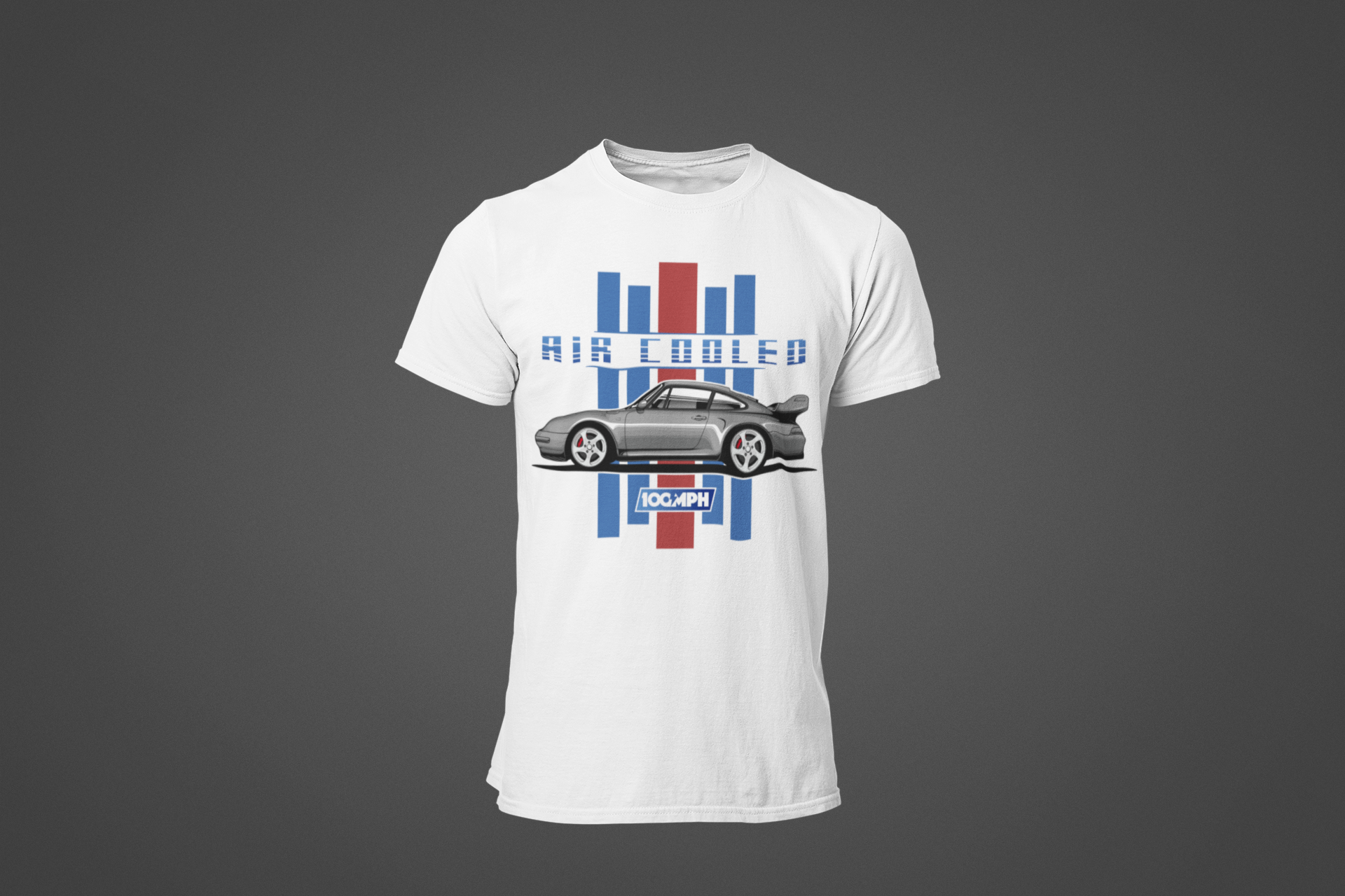 Image of A white tee shirt with an image of a Porsche and text that reads 