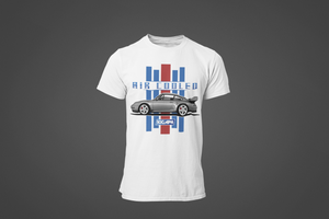 A white tee shirt with an image of a Porsche and text that reads "Air Cooled".