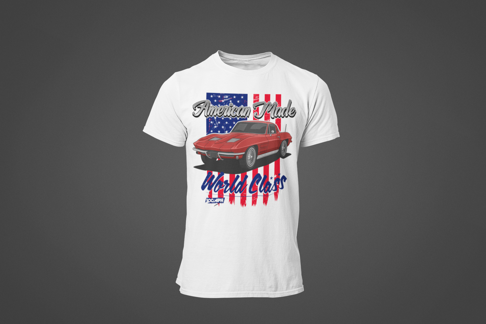 Image of A white tee shirt with the image of a Mustang muscle car. The shirt has text that reads 