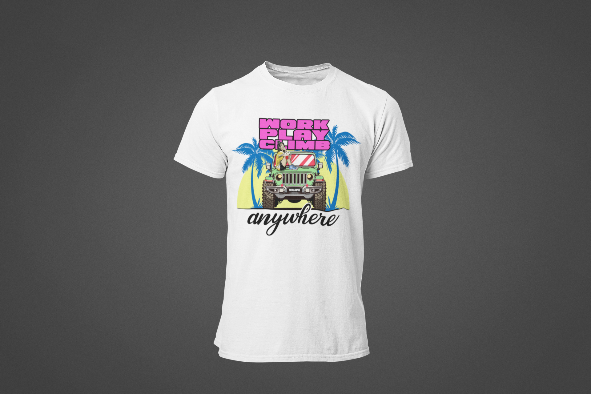 A white tee shirt with the image of a Jeep Wrangler, and text reading "Work, Play, Climb Anywhere"