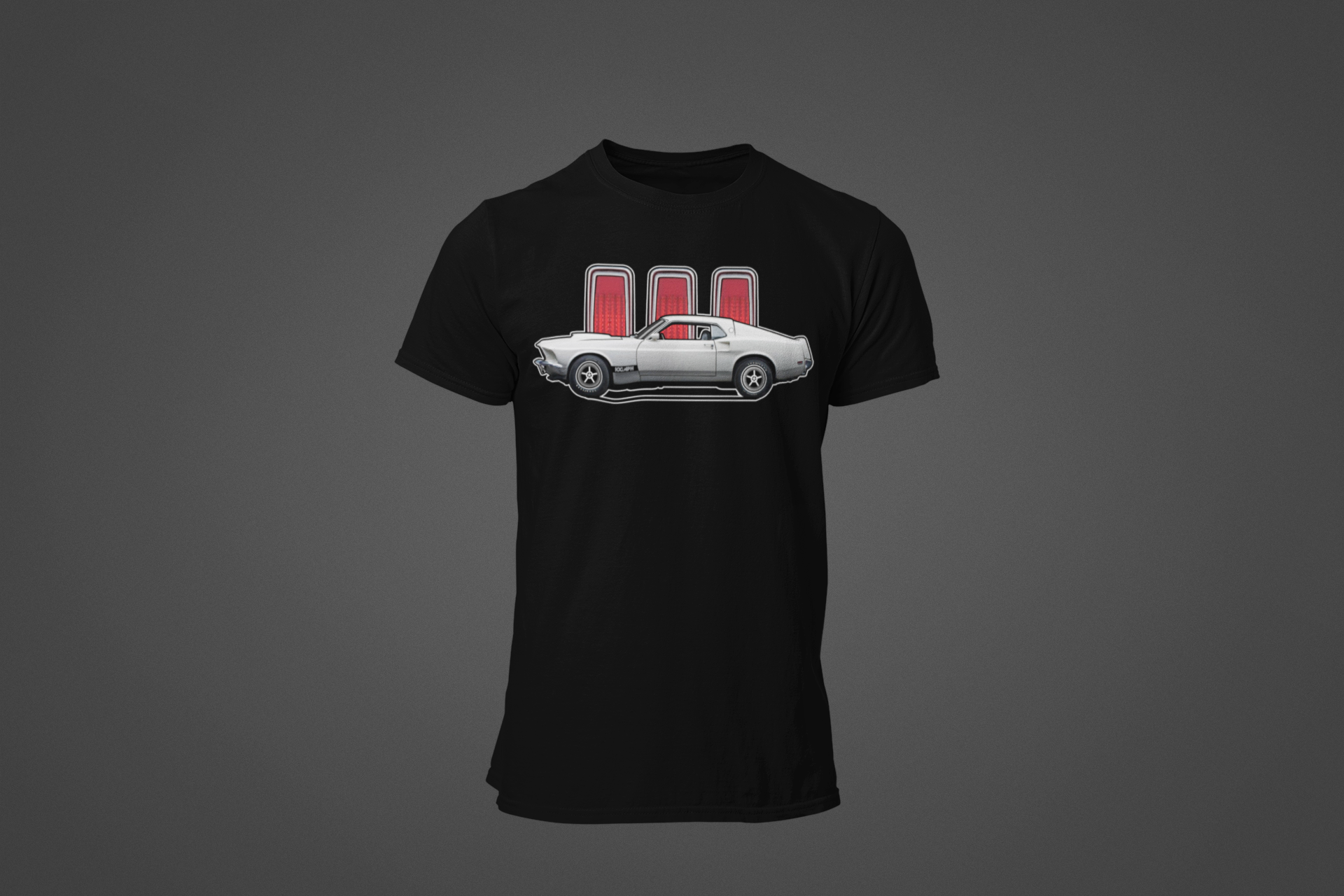 Image of A black tee shirt featuring an image of a Ford Mustang
