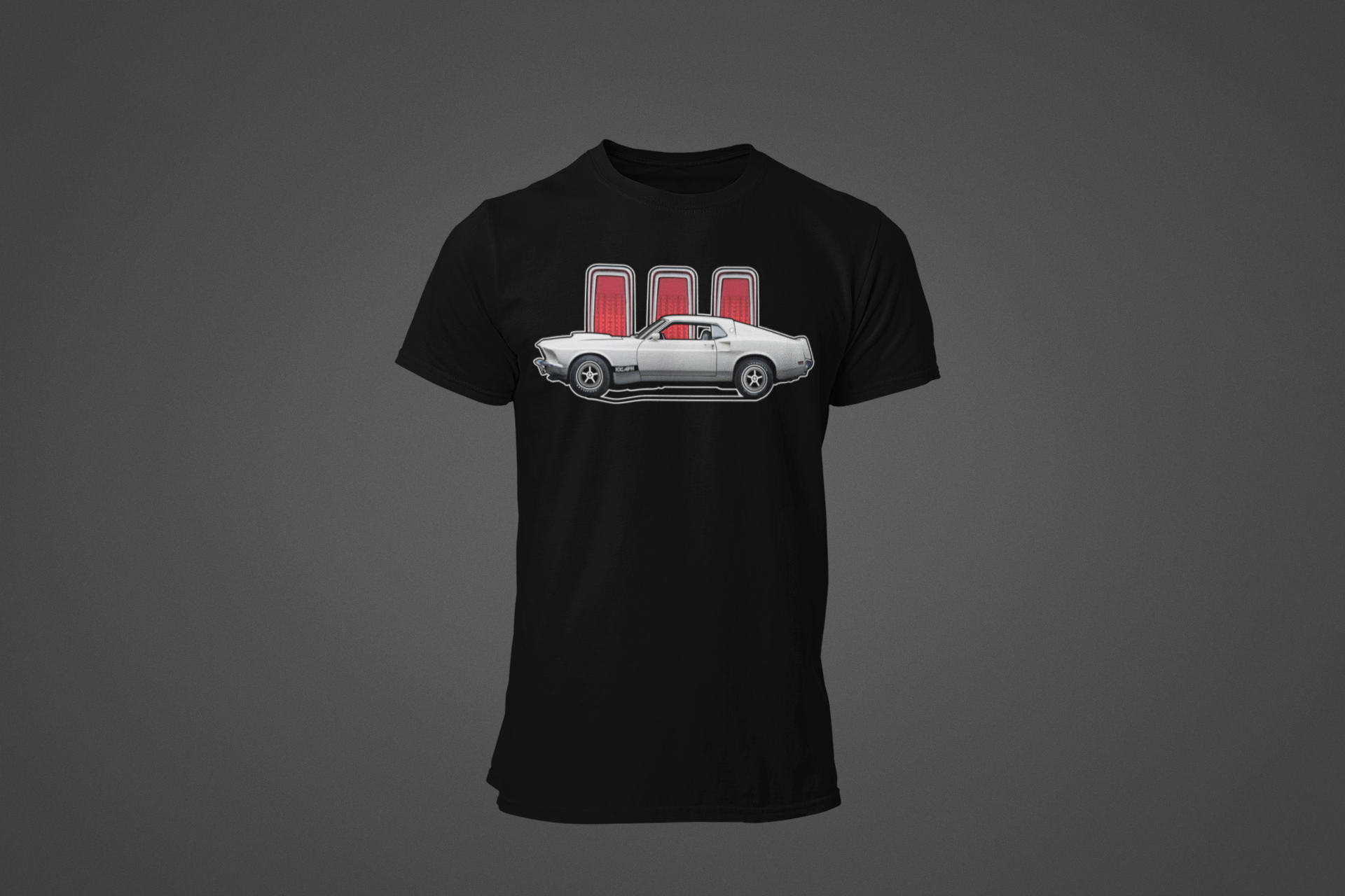 A black tee shirt featuring an image of a Ford Mustang