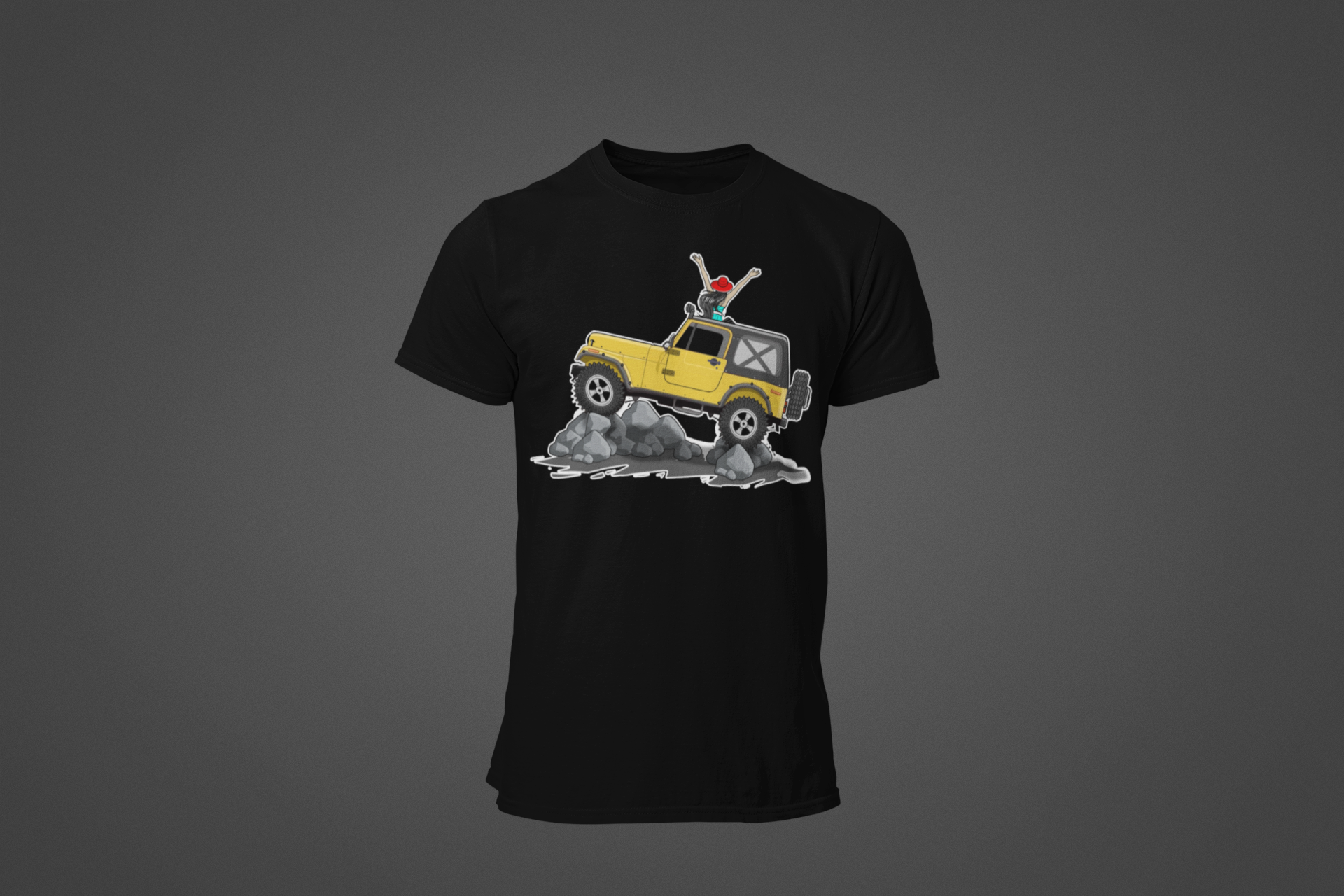 Image of A black tee shirt with the image of a Jeep Gladiator climbing a mountain.