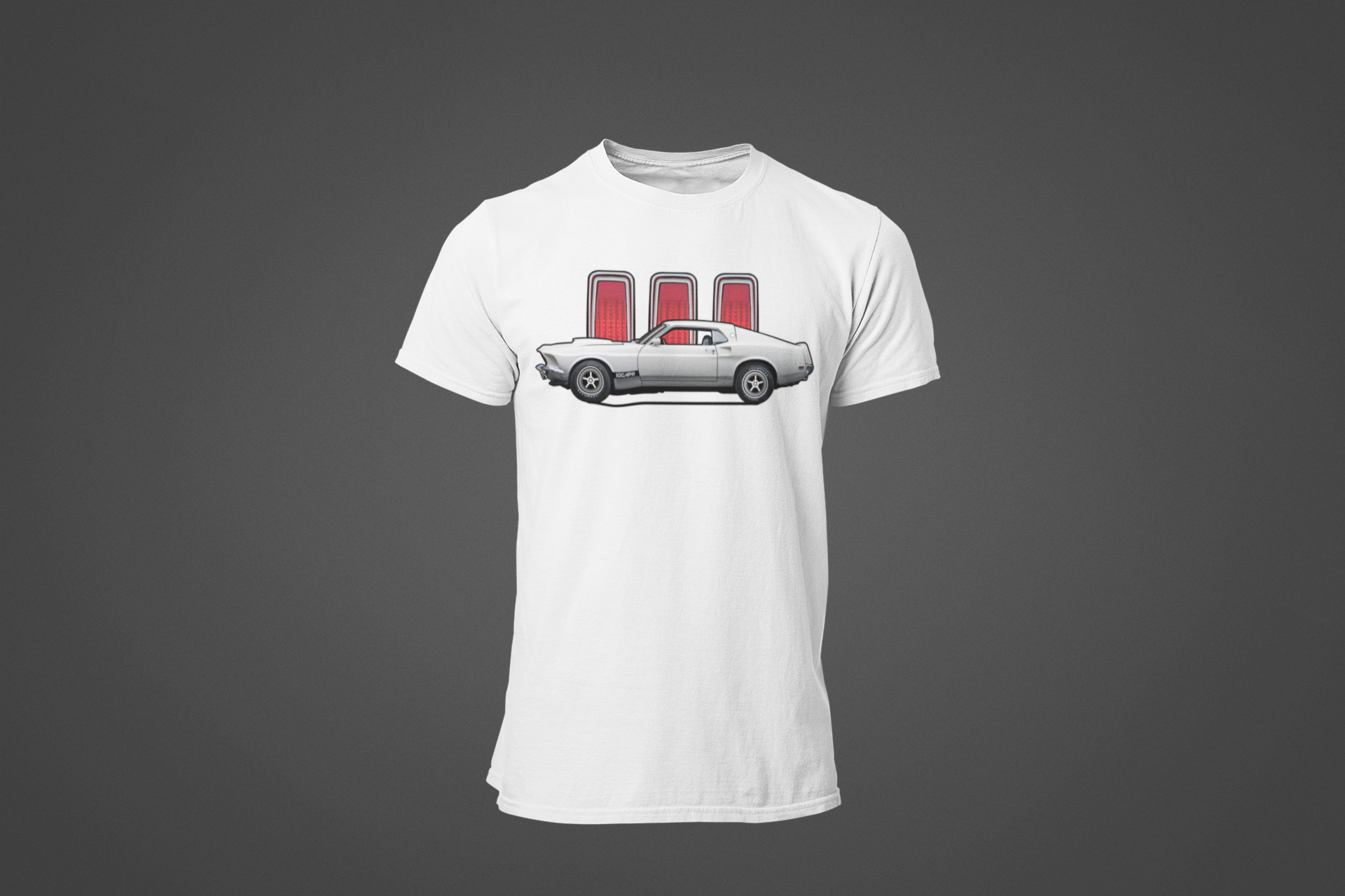 Image of A white tee shirt featuring an image of a Ford Mustang