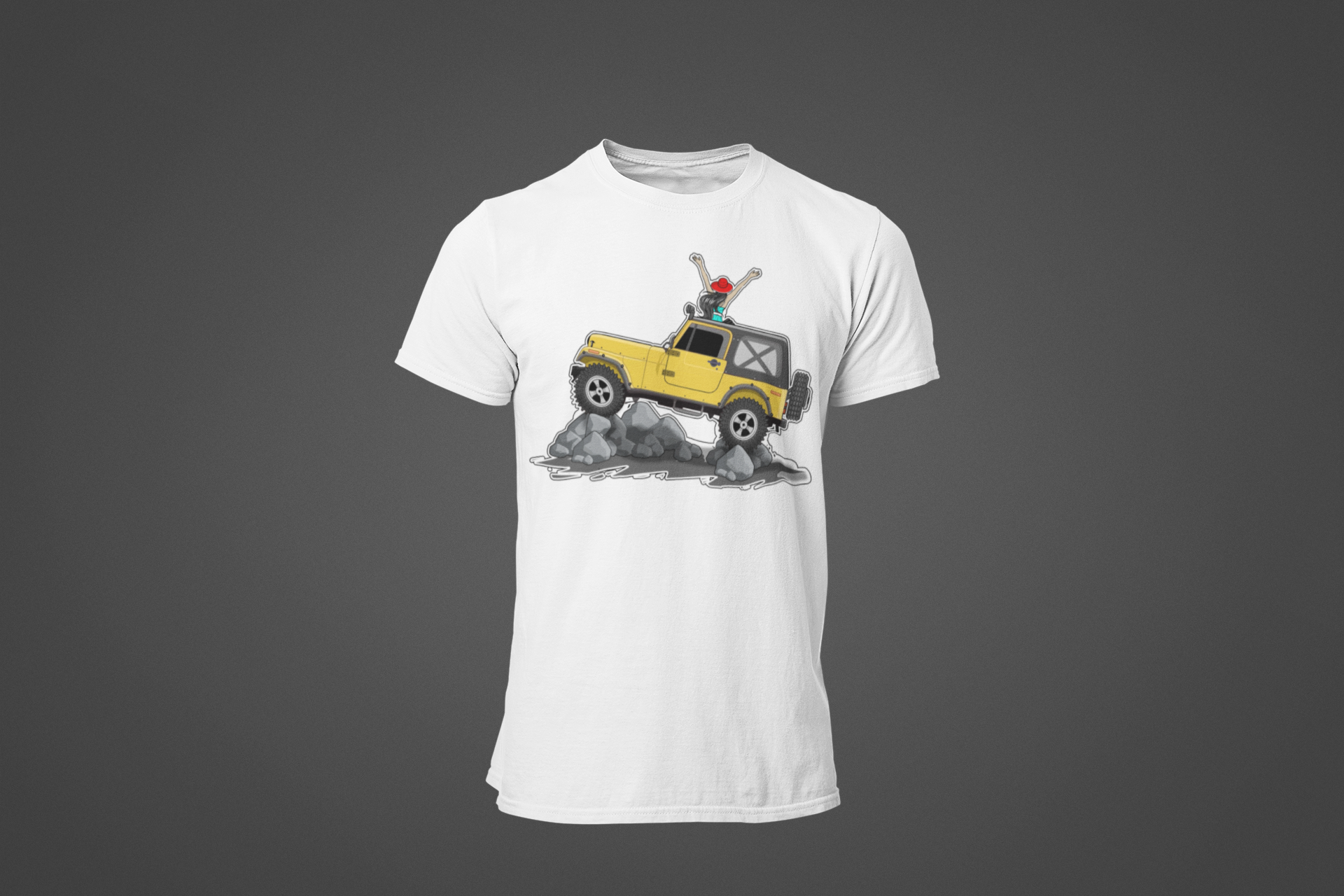 A white tee shirt with the image of a Jeep Gladiator climbing a mountain.