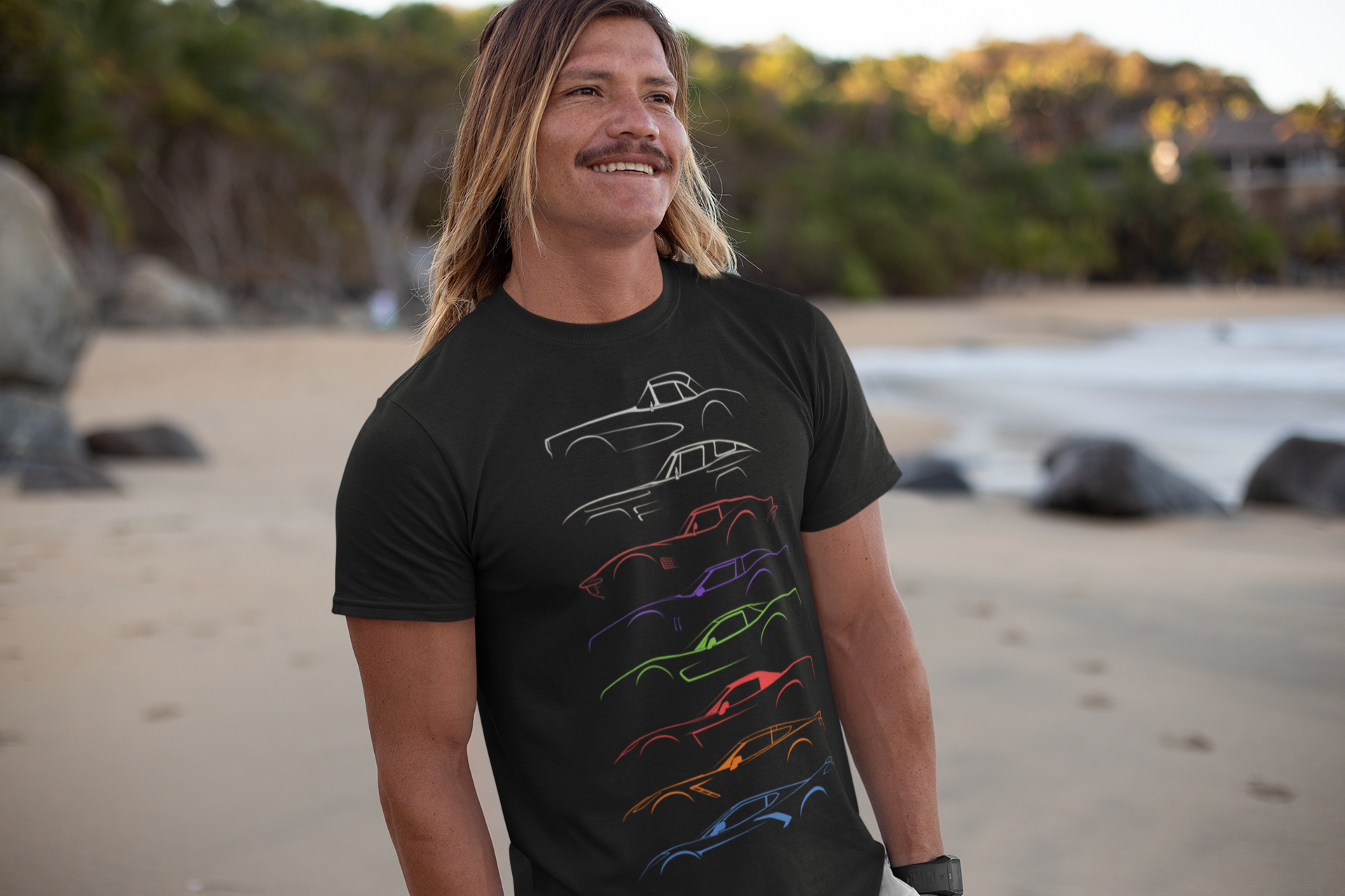 Image of A man standing on a beach, wearing a Corvette tee-shirt, made by 100mph.