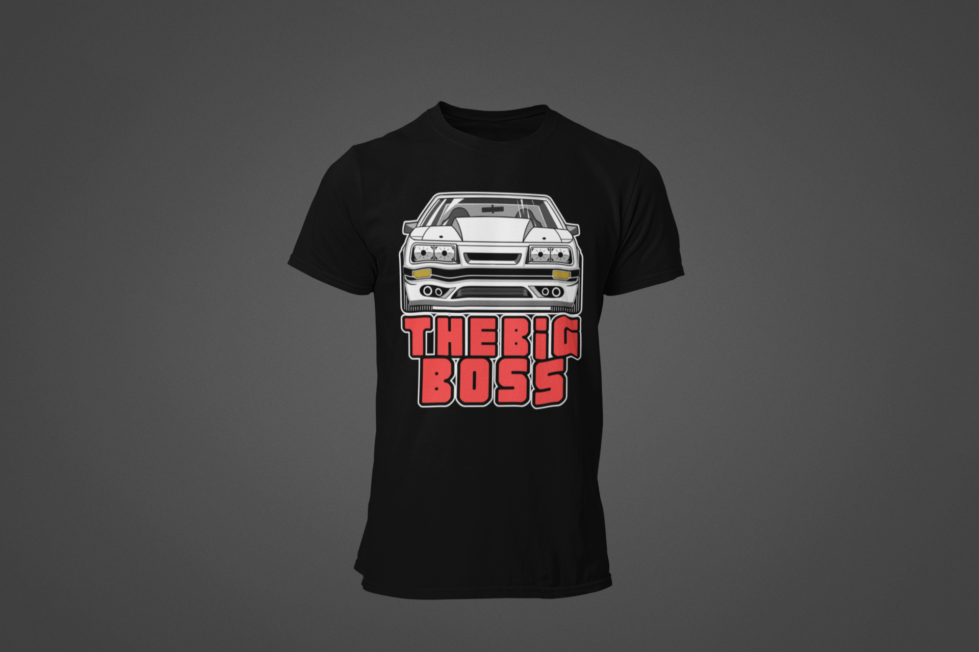 Image of A black tee shirt with an image of a Ford Mustand Foxbody, and text reading 