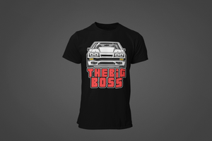 A black tee shirt with an image of a Ford Mustand Foxbody, and text reading "The Big Boss"