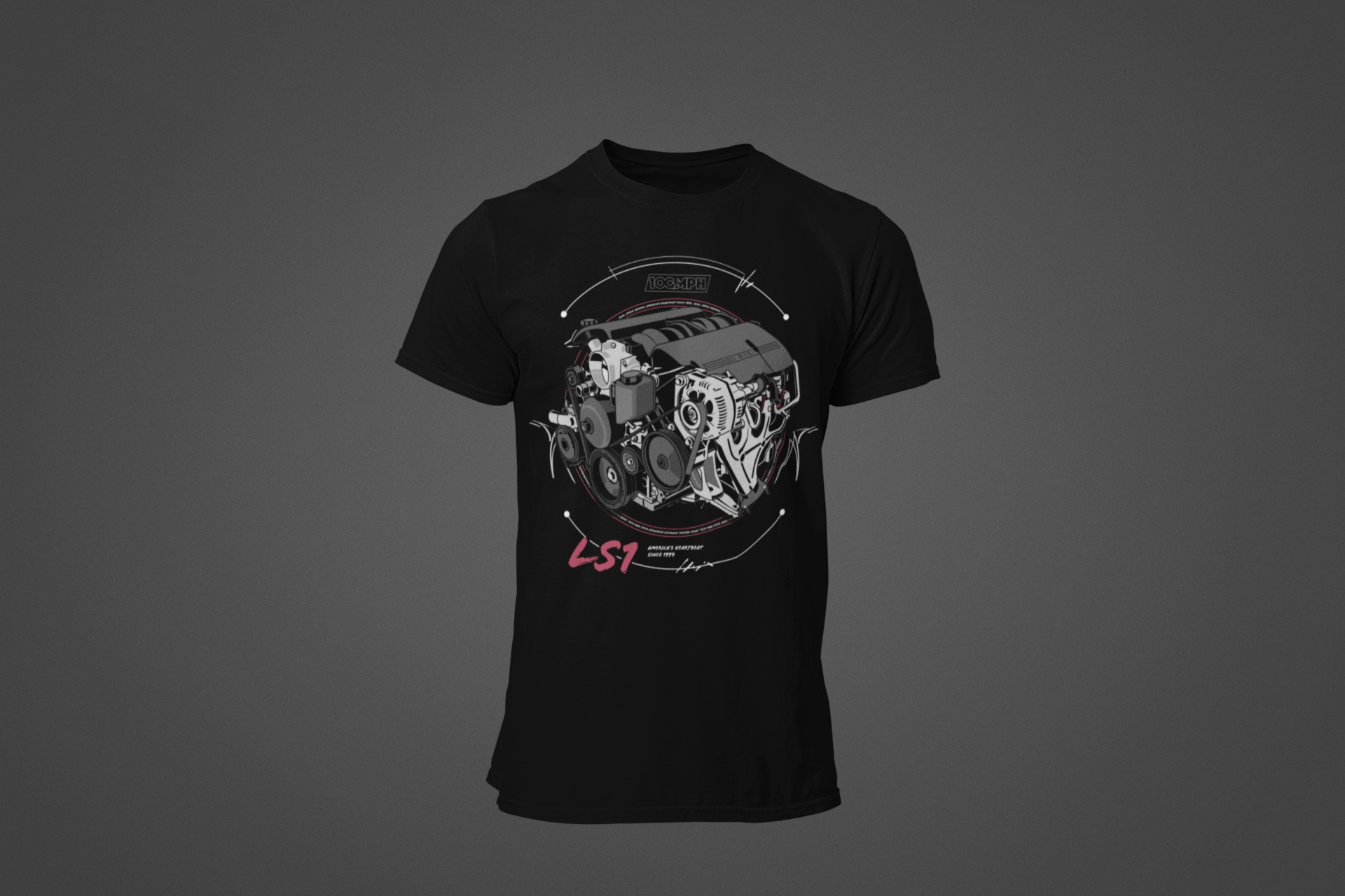 Image of A tee-shirt with a Chevy LS1 engine printed on the front. Made by 100mph