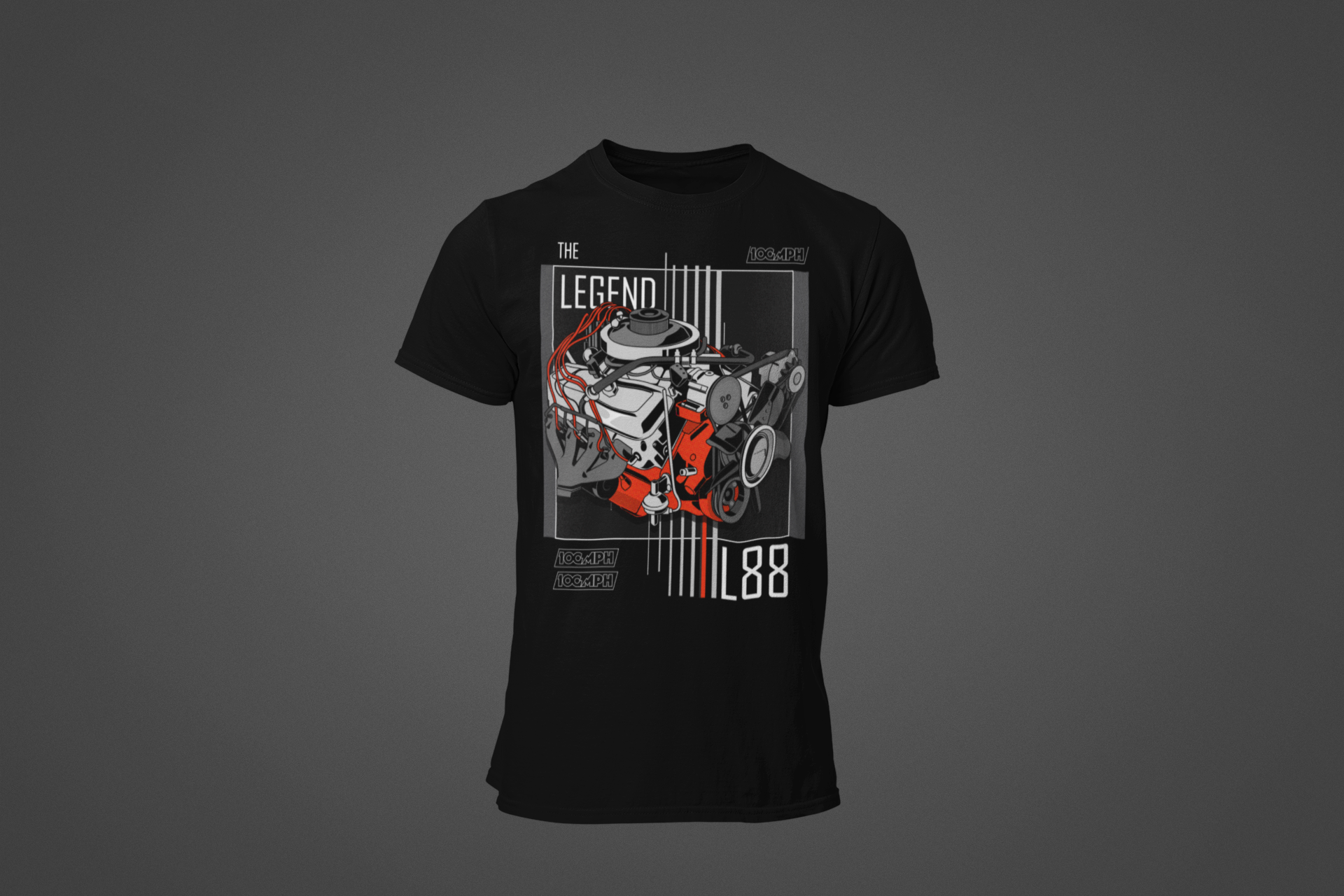 Image of A tee-shirt with a Chevy L88 engine printed on the front. Made by 100mph