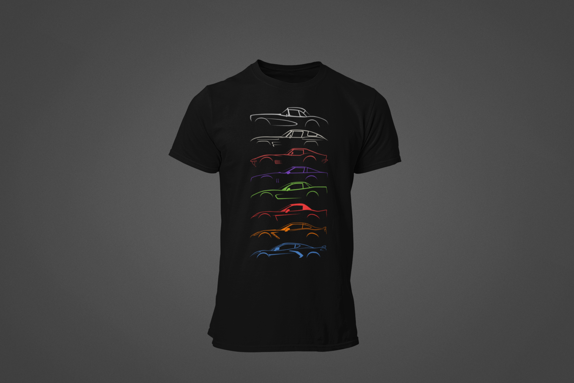 Image of A Corvette tee-shirt, showing all of the generations of corvettes, made by 100mph.