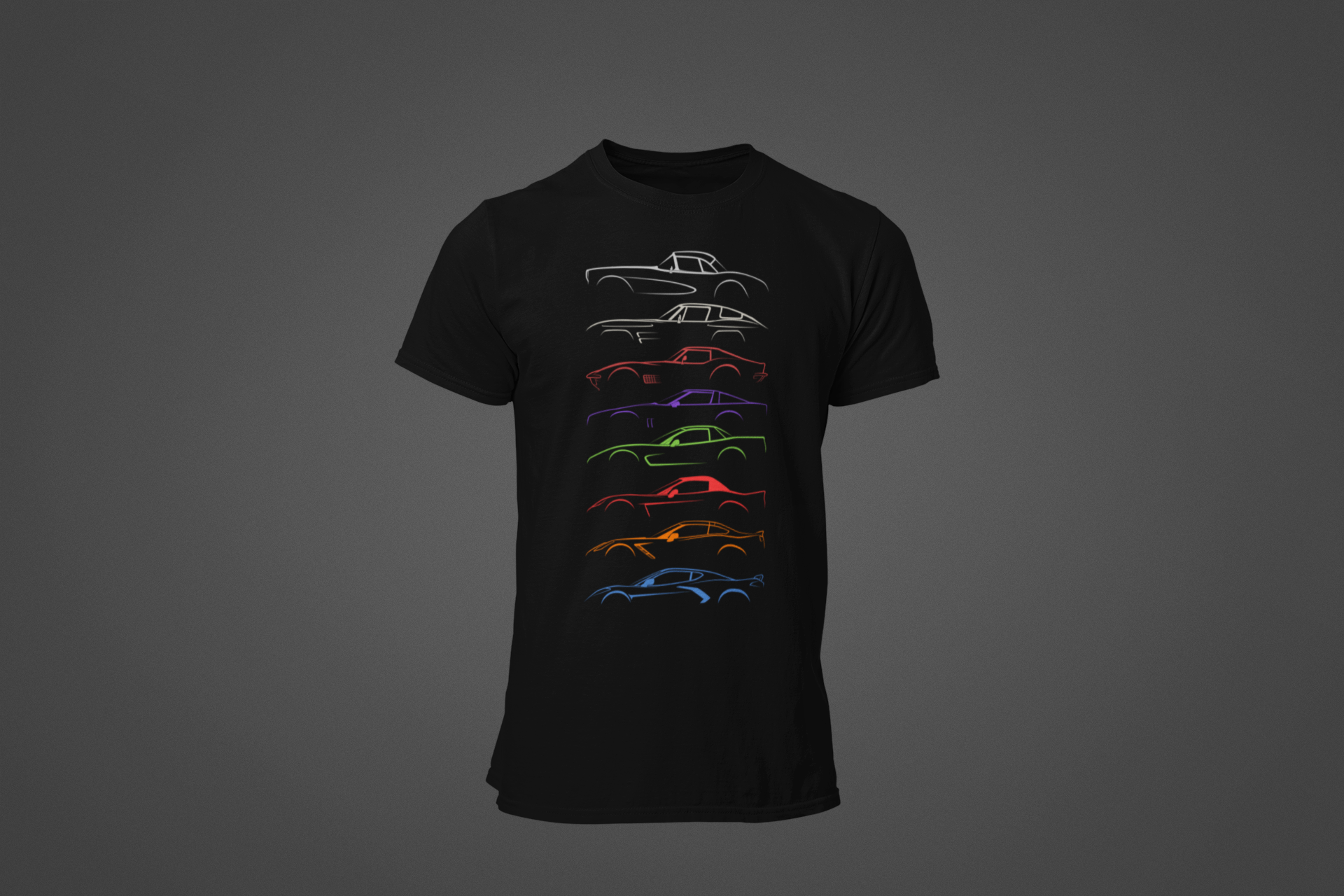 A Corvette tee-shirt, showing all of the generations of corvettes, made by 100mph.