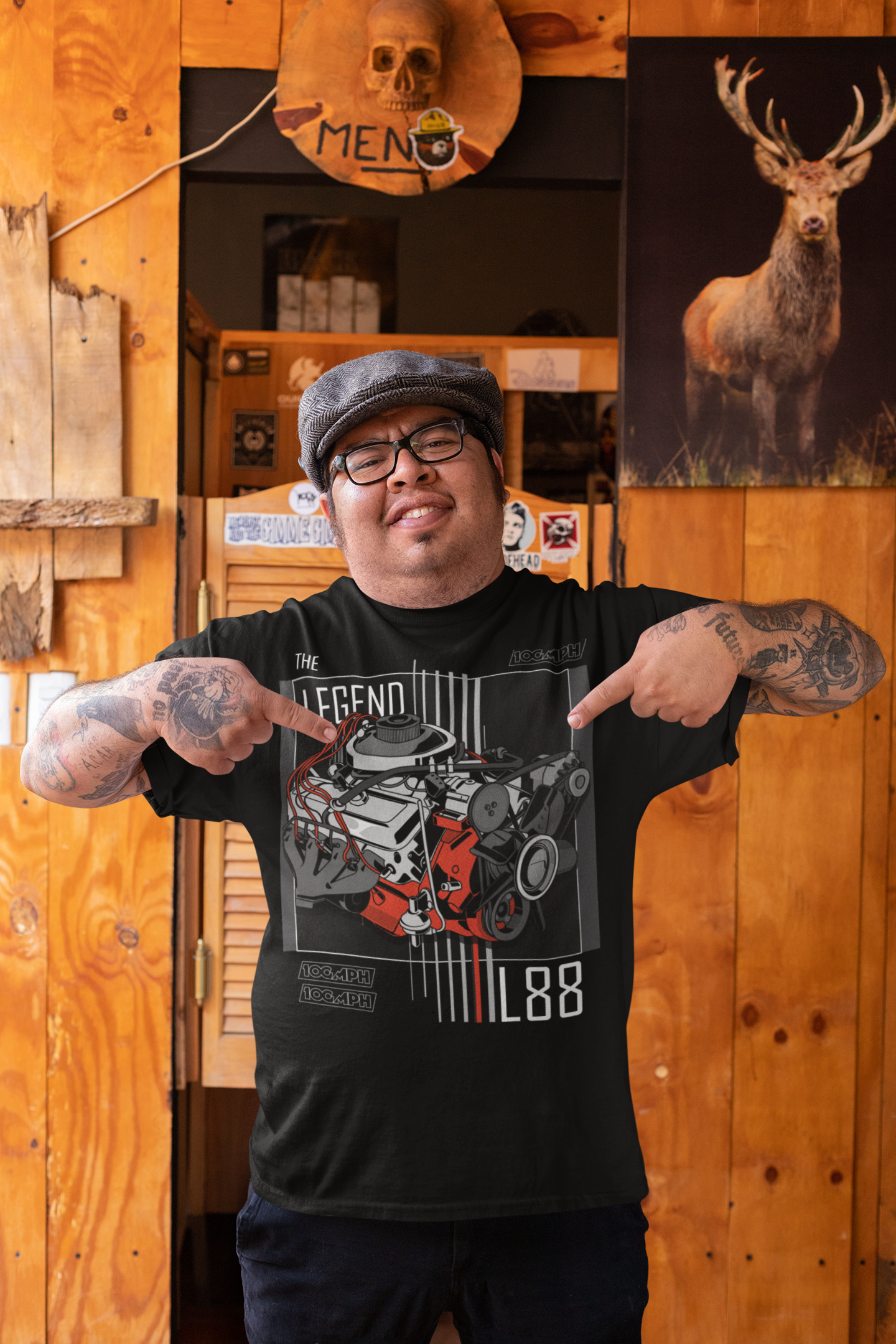Image of A man wearing a tee-shirt with a Chevy L88 engine printed on the front. Made by 100mph